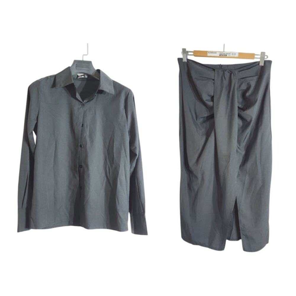 2 Piece Black Long Sleeve Button Shirt & Wrap Skirt Set SZ L